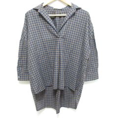 美品 BARBA バルバ バックギャザー チェック オーバーサイズ スキッパーシャツ ブラウス サイズ40 ブラウン×ネイビー レディース 古着 中古 USED BARBA - 美品 BARBA バルバ バックギャザー チェック オーバーサイズ