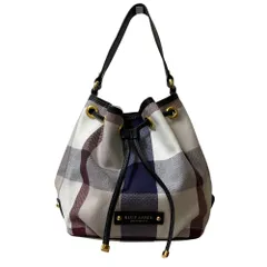 美品 BLUE LABEL CRESTBRIDGE ブルーレーベルクレストブリッジ 巾着バッグ ホワイト×ネイビー×パープル レディース 古着 中古 USEDのサムネイル