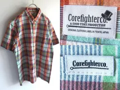 美品 Corefighter コアファイター ロゴピスネーム コットン ボックスシルエット マドラスチェック BDシャツ S オレンジ グリーン インド製のサムネイル