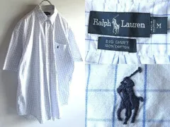 希少 90sビンテージ Ralph Lauren ラルフローレン BIG SHIRT ポロポニーロゴ刺繍 コットン グラフチェック柄 半袖 BDシャツ M 白 USA企画