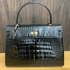 高級 pierre cardin ピエールカルダン クロコダイル ハンドバッグ ブラック ゴールド金具のサムネイル