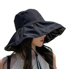 [NOA LINO] レディース ハット 日焼け防止 UVカット 紫外線カット 帽子 折りたたみ あご紐付き 日除け つば広 (ワイヤー入り, ブラック)