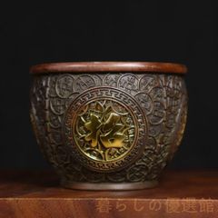 銅製古銅唐金 金工細工 陽刻浮彫『双龍戯珠』宣在銘 小茶碗 飾鉢★時代物★ 銅製古銅唐金 金工細工 陽刻浮彫『双龍戯珠』宣在銘 小茶碗 飾鉢