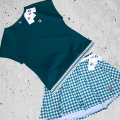 新品 特価 26SS FILA TENNIS セットアップ 上下セット サッカーストライプ サッカー素材 ギンガムチェック チェック柄 グリーン ミドリ レディース ゲームシャツ テニススコート スカート クラッシックロゴ