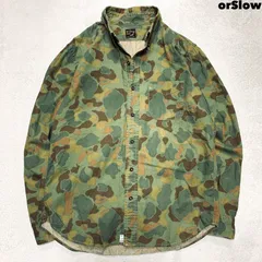 orSlow ワークシャツ ワイシャツ ボタンダウン 総柄 カモフラ ダックカモ 迷彩 ロングスリーブ 長袖 Ｍサイズ カーキグリーン 緑系 オアスロウ