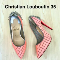 【クリスチャンルブタン Christian Louboutin】美品！ドット柄×メッシュ×スタッズパンプス 35 蛍光オレンジ