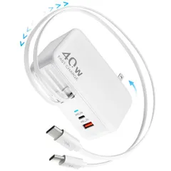 HATALKIN4-in-1巻き取り式充電器USB-C充電折りたたみ式プラグデュアルUSBポートTypeCケーブル「2本付き、最大90cm」40W急速充電PSE認証済みコンパクト省スペースマルチ充電器i-Phone