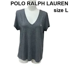 □ ポロラルフローレン POLO RALPH LAUREN カットソー トップス Vネック 半袖 ロゴ刺繍 Tシャツ グレー 綿100％ L 11号 レディース Z6B845