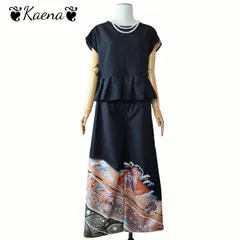 着物リメイク セットアップ ペプラムフレンチブラウス&ワイドパンツセット 総ゴムズボン 黒留袖