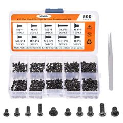 Nivithi Laptop PC Screw Set, 500 Pieces (M2/M2.5/M3), Carbon Steel, HDD/SSD/Memory Fixing Flat Head Screws, Tweezers, and Storage Case Included, for Repair and Replacement (PCS1)