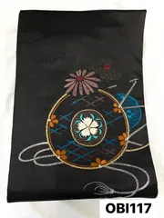 【帯】アンティーク　アンティーク帯　名古屋帯　正絹　黒地　太鼓　お太鼓柄　刺繍　着物　和装　OBI117