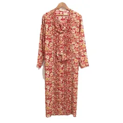 良品 PINK HOUSE ピンクハウス フラワープリント ちりめん フリル リボン ワンピース レッド レディース 古着 中古 USED