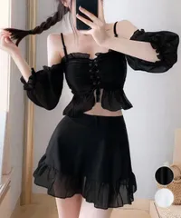 水着 レディース オフショルダー 2点セット レースアップ フリル 体型カバー スカート一体型 シアー袖 露出控えめ 新品 送料無料