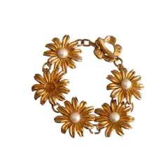 良品 KENZO ケンゾー ヴィンテージ パール フラワーモチーフ メタルブレスレット アクセサリー ゴールドカラー レディース 古着 中古 USEDのサムネイル