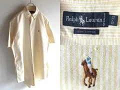 希少 90sビンテージ Ralph Lauren ラルフローレン ポロポニーロゴ刺繍 半袖 ストライプシャツ BDシャツ L イエロー ホワイト