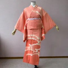 付け下げ　訪問着　着物　袷　赤　ピンク　雲取　江戸小紋　リサイクル着物　h-1100のサムネイル
