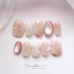 やわらかピンクのニュアンスネイル ネイルチップ マグネットネイル ピンクネイル シンプル フラワーネイル 上品 結婚式 ブライダル