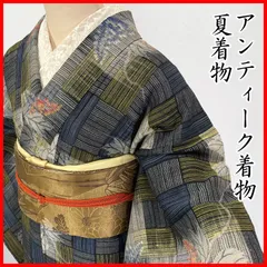 605aa8◇アンティーク着物 夏着物 お召 縮緬 石畳に蔦植物 銀糸 レトロモダン 大正ロマン 昭和レトロ 和洋MIX◇状態良好