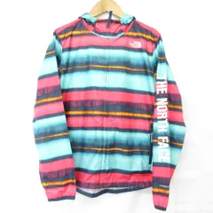 美品 THE NORTH FACE ノースフェイス ボーダー ジップ パーカー フーディー ウインドブレーカー キッズ Ⅼ/G 14-16 ピンク ブルー キッズ 古着 中古 USED