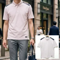 ★三陽商会正規品【BLACK LABEL CRESTBRIDGE】 ブラックレーベルクレストブリッジ ポロシャツ 半袖 ボタンダウン 肩チェック柄 鹿の子 コットン混 ピンク 桃色 くすみピンク メンズ サイズL /M45575jQのサムネイル