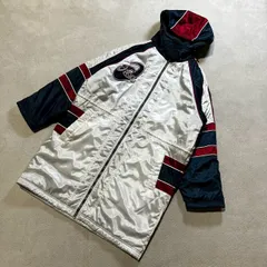 【ヴィンテージ】【激レア】 ASICS （アシックス） 90s 光沢有り オールドアシックス ビッグロゴ レトロミックス ベンチコート ロングコート ロングジャケット フード付き メンズMサイズ