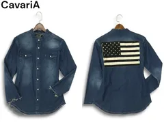 CavariA キャバリア 通年 USED加工★ 星条旗 カットオフ 長袖 バンドカラー デニム ウエスタン シャツ Sz.46 メンズのサムネイル