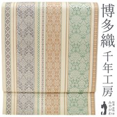 中古】すごい値！袋帯 正絹 薄紫 クリーム色 立涌 花 カジュアル 中古