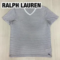 【良好】POLO RALPH LAUREN ポロラルフローレン ボーダー柄 Vネック 半袖Tシャツ メンズM  ホワイト＆ネイビー 刺繍ロゴ 着丈68cm 肩幅44cm 身幅(脇下)51cm 袖丈20cm【古着】
