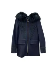 ザラ ZARA ウーマン WOMAN ボリュームファーフード付き コート COAT ミリタリースタイル ウール WOOL 毛 刺繍 NAVY 紺 刺繍 ネイビー XSサイズ 104LT-471