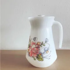 フランス ヴィンテージ ミルクガラスポット　花模様のピッチャー（蓋付き）