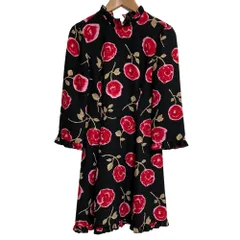 美品 kate spade ケイトスペード フラワープリント フリルカラー ミニドレス ワンピース サイズ0 ブラック レッド レディース 古着 中古 USED