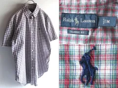 Ralph Lauren ラルフローレン CLASSIC FIT ポロポニーロゴ刺繍 半袖 チェックシャツ BDシャツ M レッド グリーン 国内正規品