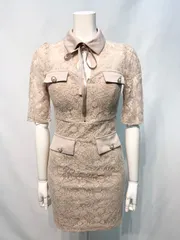 2697 DAZZY デイジー キャバクラ ドレス 総レース 襟付き パールボタン タイト ミニ フロントジップ キャバドレス S