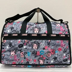 2571　LeSportsac　レスポートサック　 ボストンバッグ　2way　旅行　大容量　 ラージウィークエンダー　音符　花　リップ　 総柄　グレー系　ナイロン　軽量　 レディース