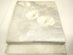 平和屋着物◎太鼓柄袋帯　駒刺繍　牡丹文　銀彩　正絹　逸品　CABE1553ak