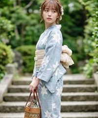 値下げ】美品☆ ボヌールセゾン浴衣ミントグリーン 生成り色 麻の葉綿
