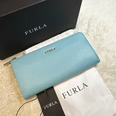 【美品】FURLA フルラ 長財布 L字ファスナー レザー ブルー系 保管袋付き