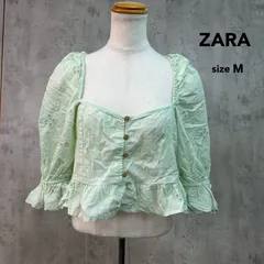 ZARA ザラ M グリーン ブラウス カットソー 半袖 5分袖 スクエアネック フロントボタン ペプラム ギャザー シャーリング バックリボン 刺繍 アイレット レース コットン パフスリーブ バルーン袖  7200/033/537  ★ ■◇