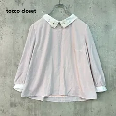 tocco closet トッコクローゼット  ピンク 襟付き フラワー モチーフ ビジュー 長袖 ブラウス カットソー トップス 異素材 切替 パフスリーブ バックボタン クルーネック ポリエステル カジュアル フェミニン デート ★ ■◇