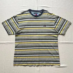 希少　 90s　vintage　OLD TOMMY HILFIGER JEANS　トミーヒルフィガー・ジーンズ　両面フラッグロゴ刺繍　マルチボーダー柄Tシャツ　半袖カットソー　XL　Y2K　西海岸　ストリート　アメカジ　multi border t-shirt