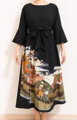 一点物 着物リメイク ロングワンピース ドレス 黒留袖 正絹 花車文