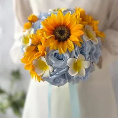 ひまわり×水色×プルメリアラウンドブーケ☆ブートニア