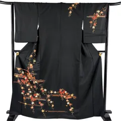 訪問着 身丈164.5cm 裄丈63.5cm S 袷 蝶 梅 金糸 金彩 黒 正絹 秀品 【中古】のサムネイル