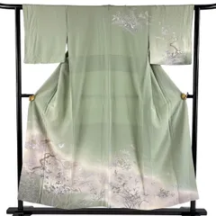 訪問着 身丈152.5cm 裄丈62cm S 袷 舟 鳥 ぼかし 薄緑 正絹 秀品 【中古】のサムネイル
