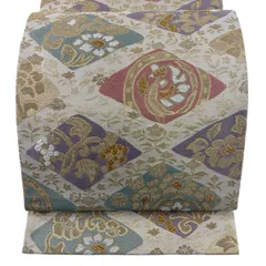袋帯 秀品 草花 菱 唐織 金糸 クリーム 六通 正絹 【中古】