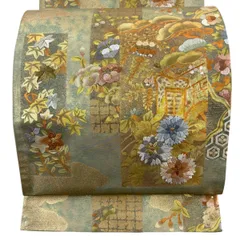 【美品】 袋帯 秀品 御所車 草花 金糸 金銀彩 緑 六通 正絹 【中古】