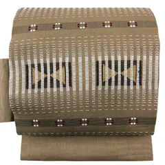 【美品】 名古屋帯 秀品 幾何学模様 薄茶色 正絹 【中古】