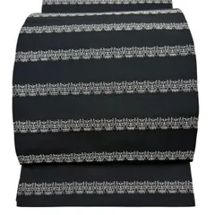 【美品】 開き名古屋帯 逸品 龍村美術織物 比翼仕立て 幾何学 段縞 銀糸 黒 正絹 【中古】のサムネイル