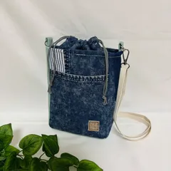ハンドメイド デニムリメイク 巾着付きショルダーバッグ 斜め掛け スクエアバッグ グリーンデニム
