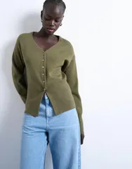 トップショップ レディース アウター カーディガン Vネック ニット Topshop knit v neck longline compact fitted waist cardigan Khakiのサムネイル